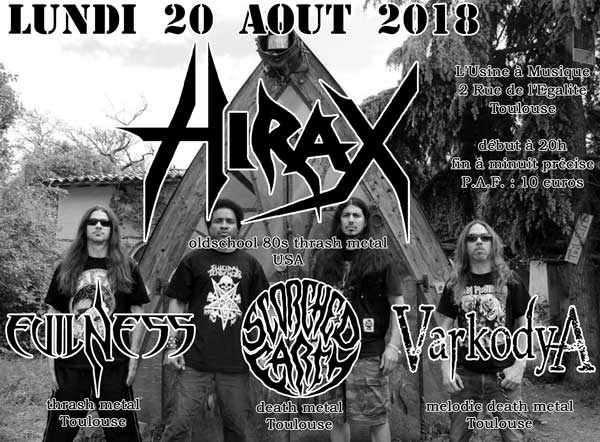 Concert thrashmetal : Hirax, Evilness, Varkodya, Scorched Earth